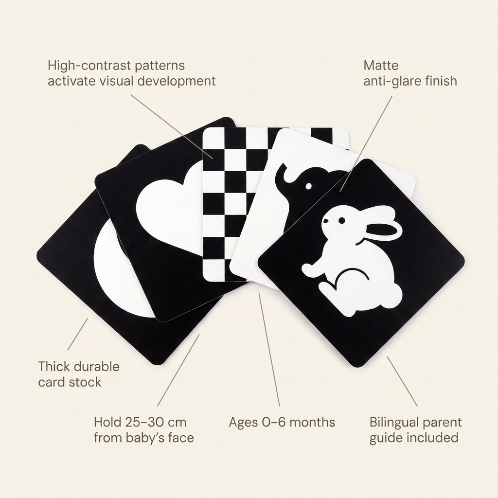 Rahayaa sensory cards features: high-contrast patterns activate visual development, matte anti-glare finish, ages 0-6 months, bilingual guide