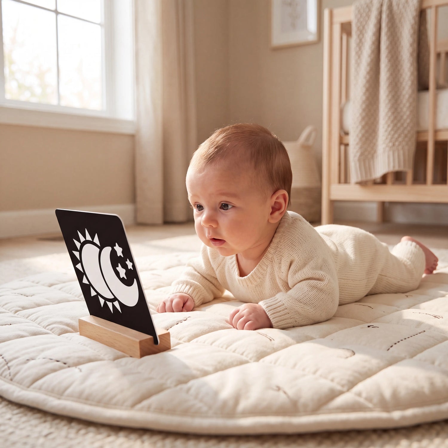 0–6 months collection — newborn tummy time with high-contrast card