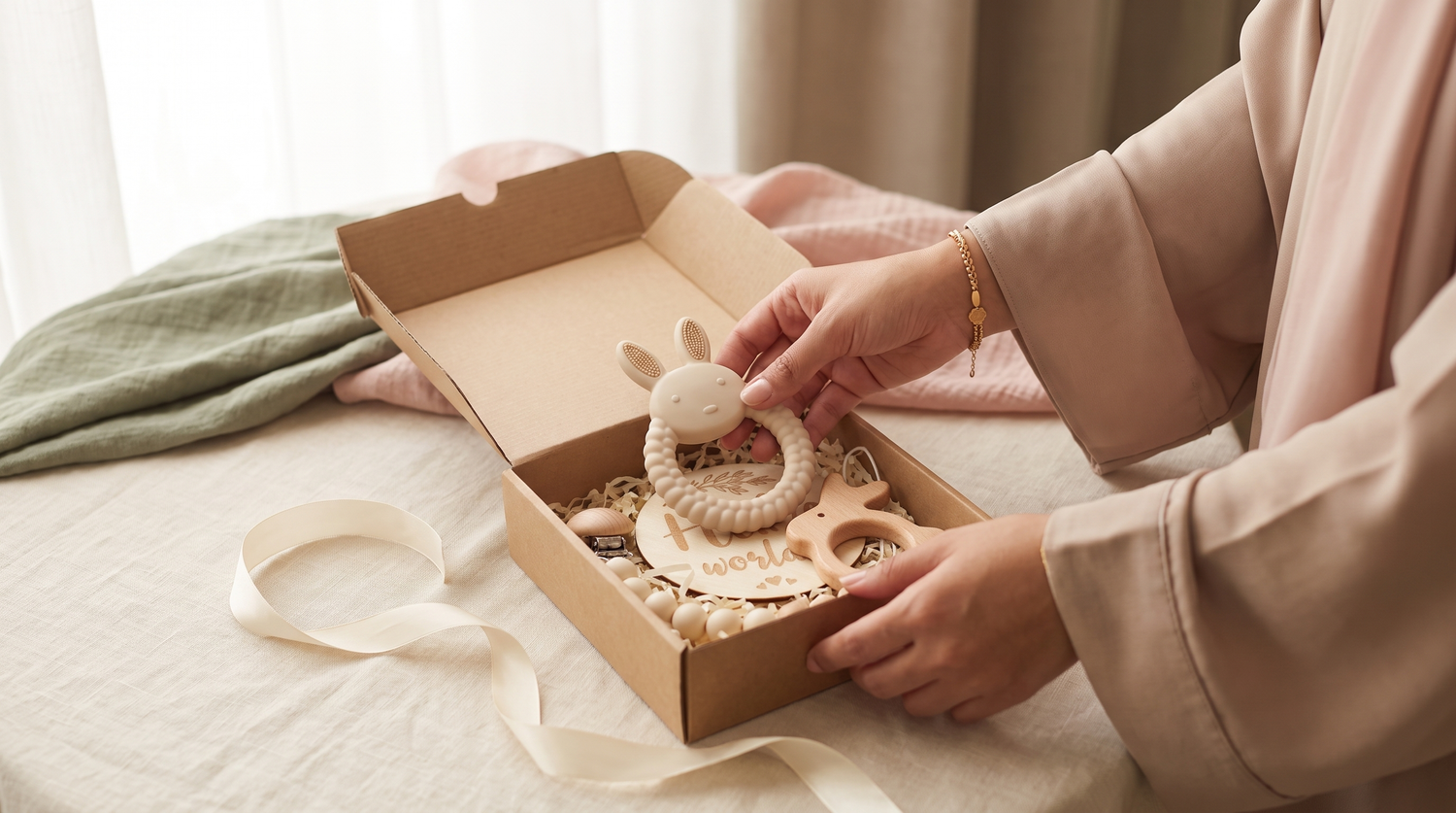 Gifting collection — Khaleeji mother opening Rahayaa aqiqah gift box