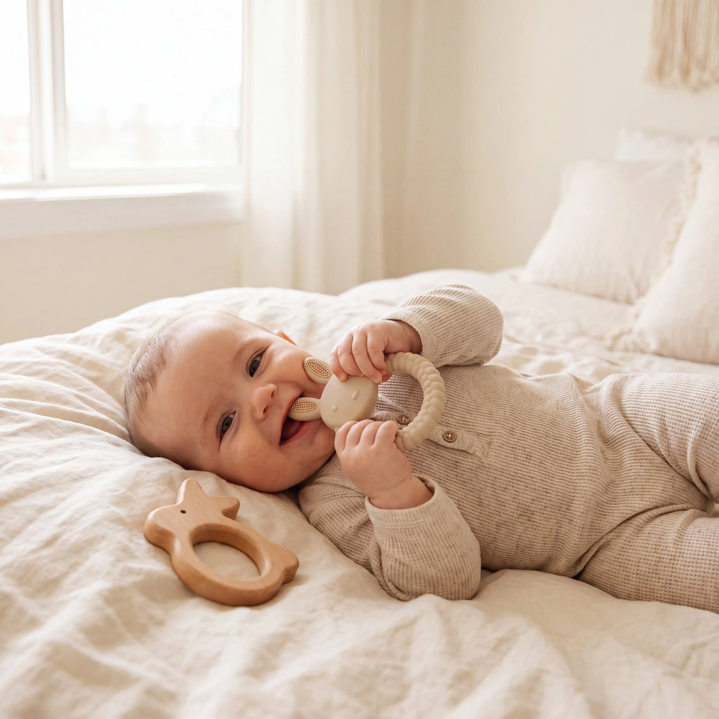 Baby chewing Rahaya bunny teether on cream linen