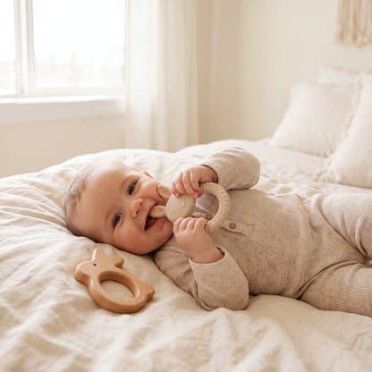 Baby chewing Rahaya bunny teether on cream linen