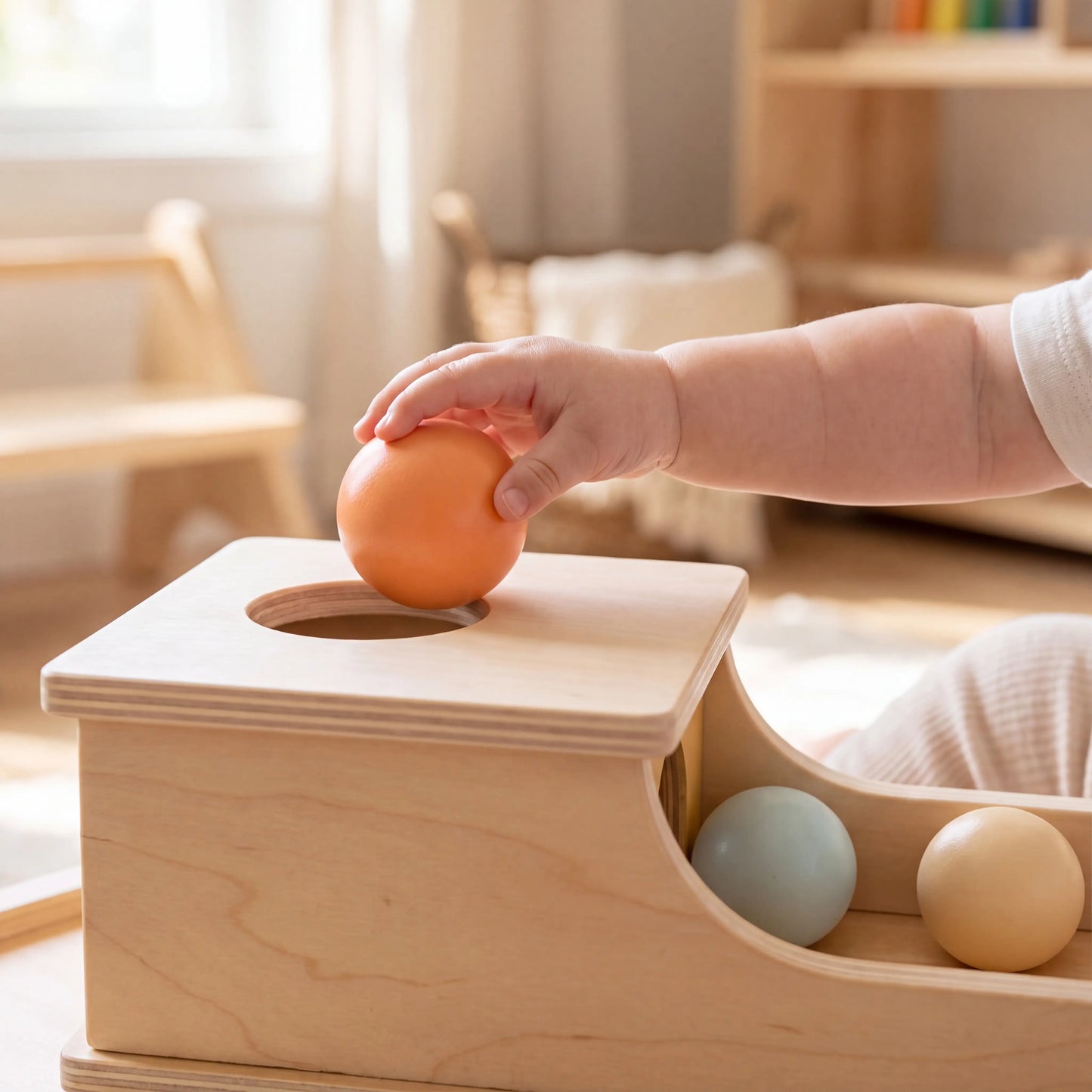 Baby hand dropping ball into Rahaya object permanence box