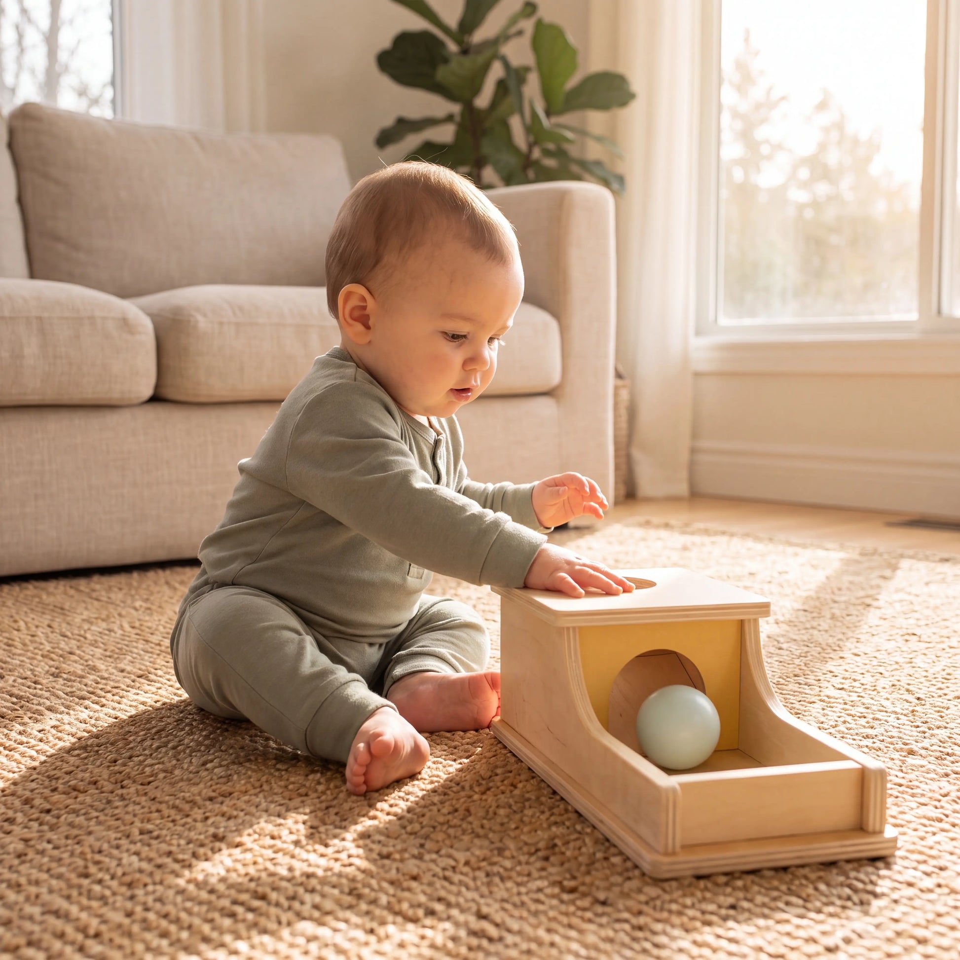 Baby playing with Rahaya object permanence box on jute rug