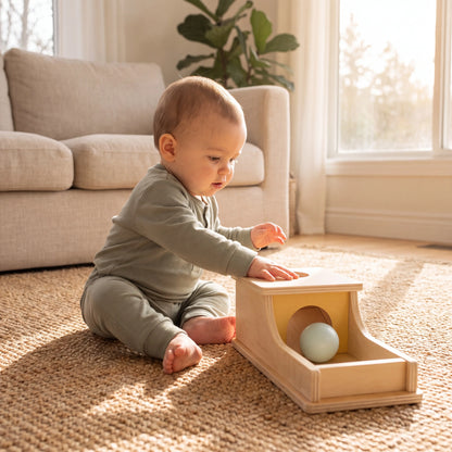 Baby playing with Rahaya object permanence box on jute rug