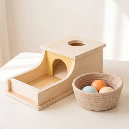 Rahaya object permanence box styled with rope basket of pastel balls