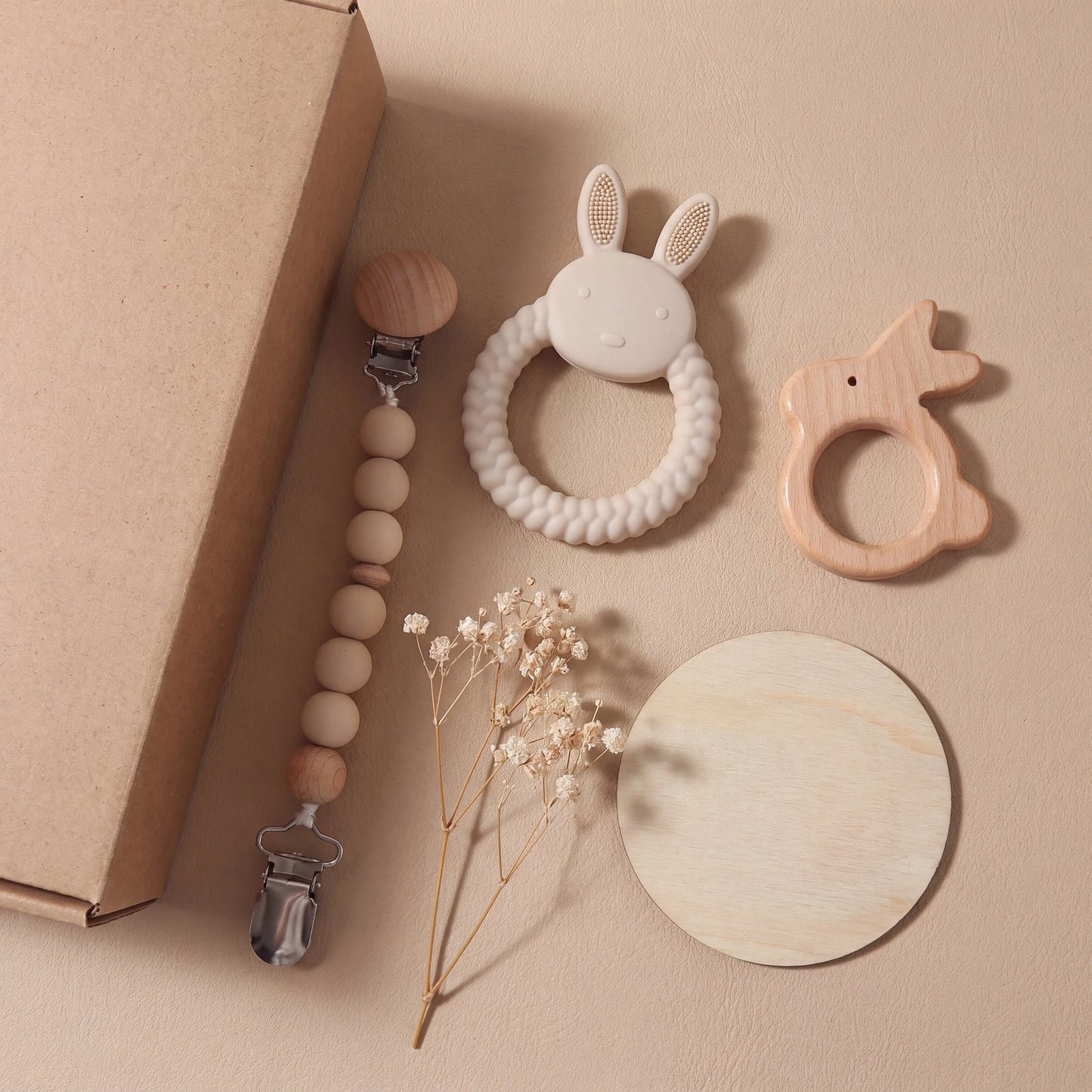 Rahaya teether gift set — flat lay of contents