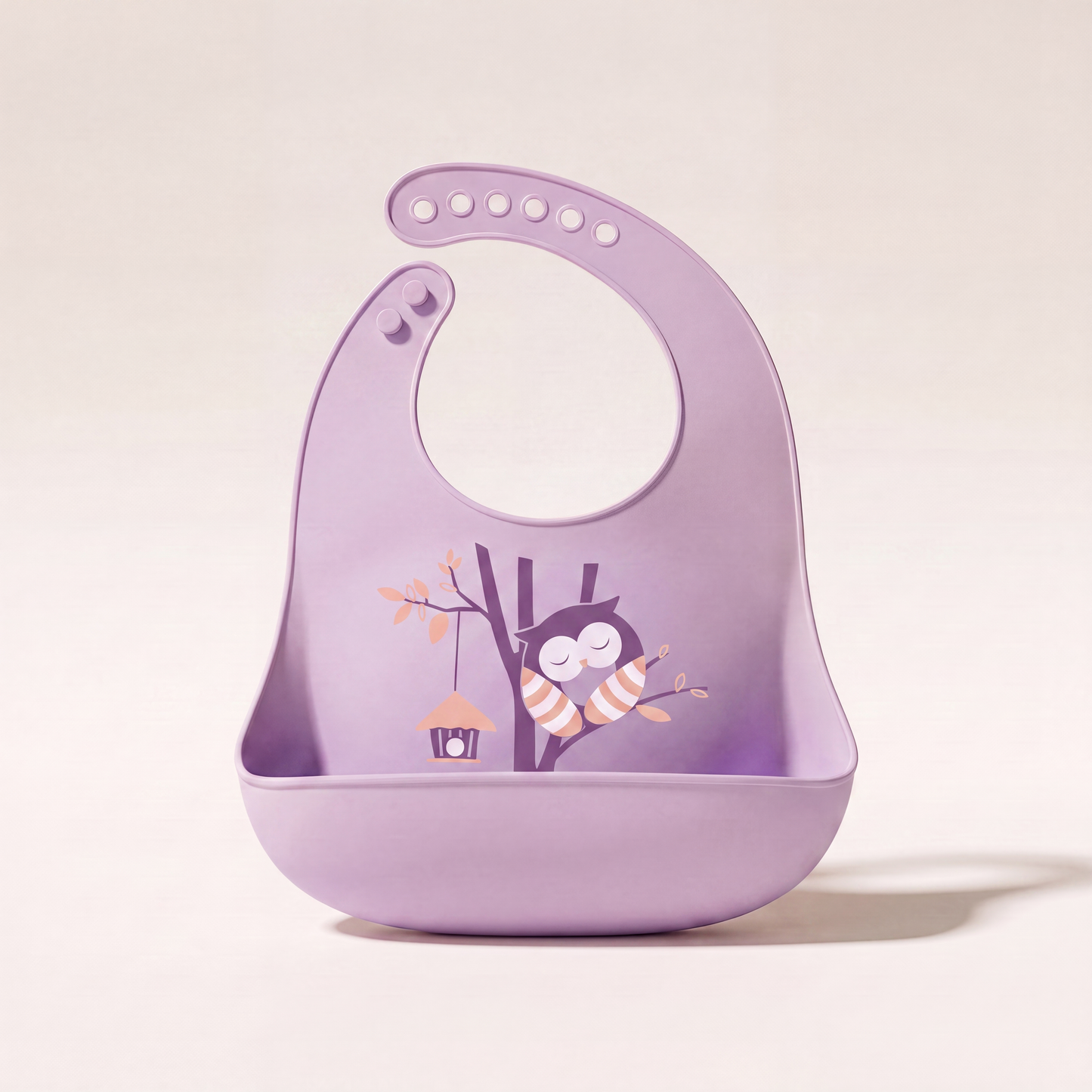 Rahaya silicone pocket bib — Purple Owl variant hero
