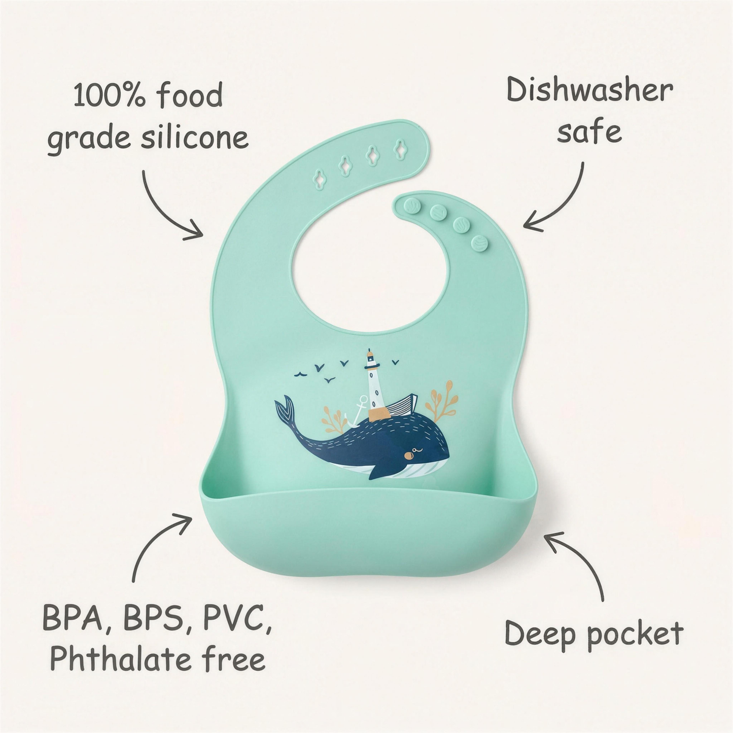 Rahaya silicone pocket bib — features: 100% food grade silicone, dishwasher safe, BPA free, deep pocket