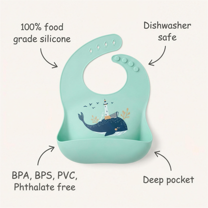 Rahaya silicone pocket bib — features: 100% food grade silicone, dishwasher safe, BPA free, deep pocket