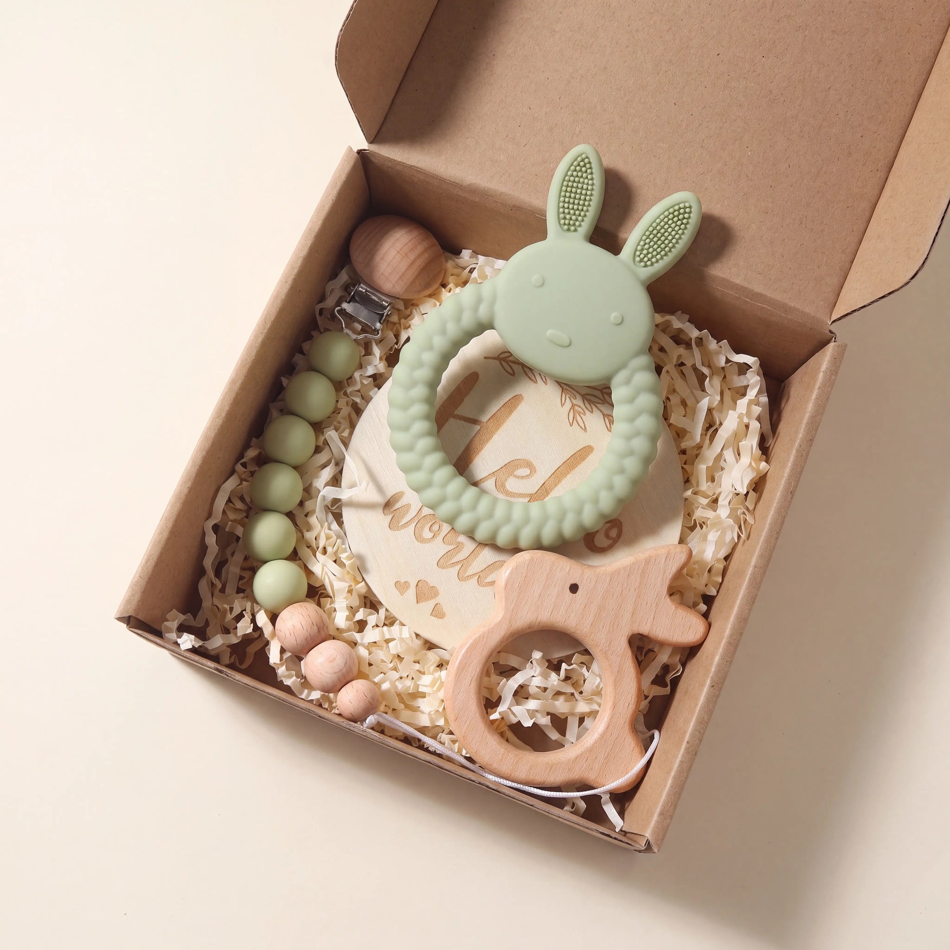Rahaya silicone teether gift set — Green (sage) variant hero