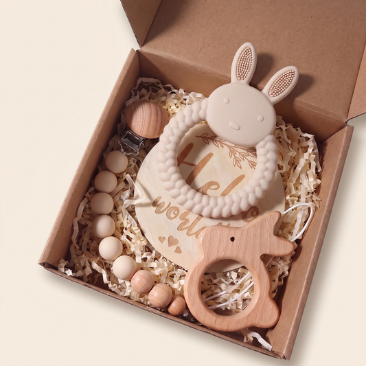 Rahayaa silicone teether gift set — open box, cream studio background