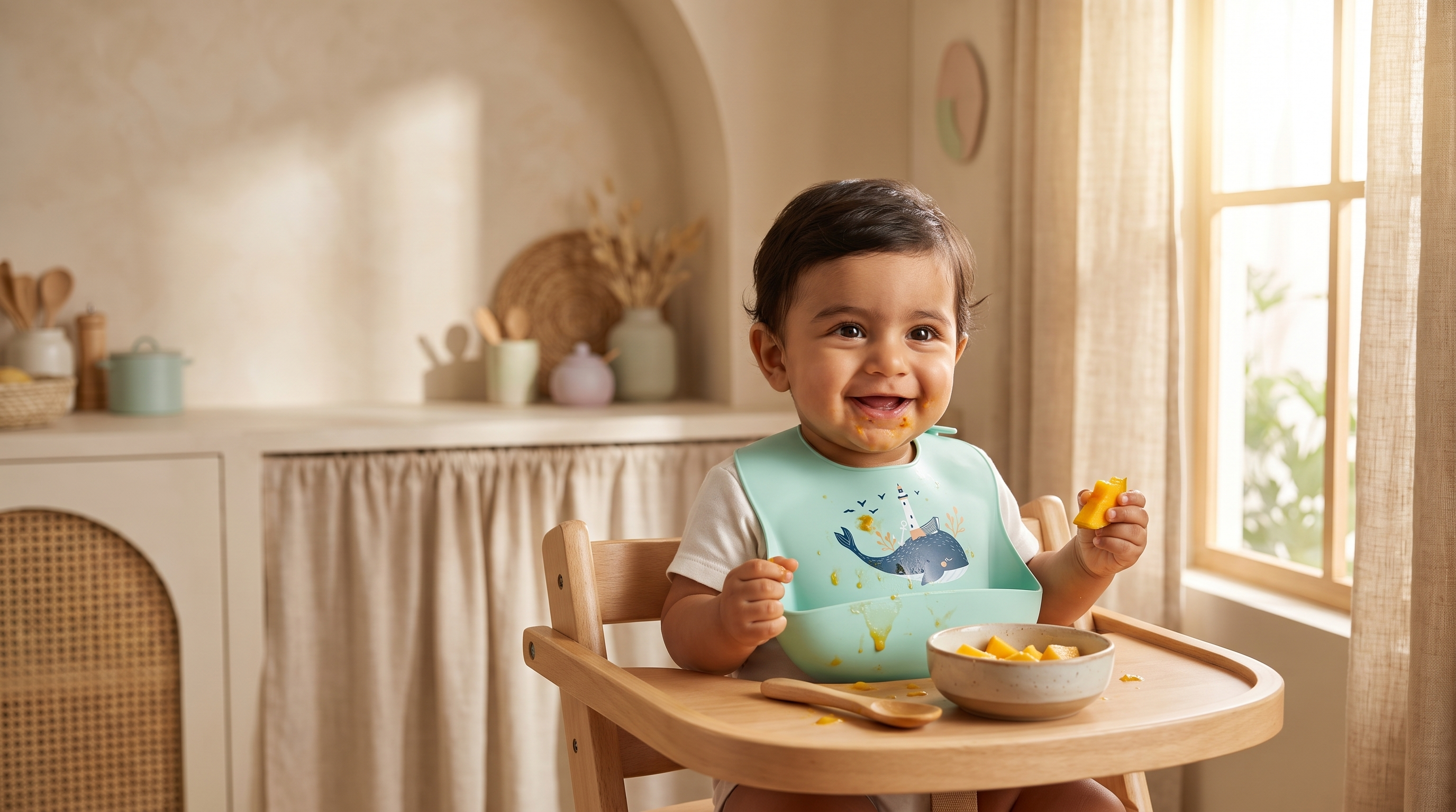 Rahayaa homepage hero — Gulf Arab baby in high chair wearing green whale bib