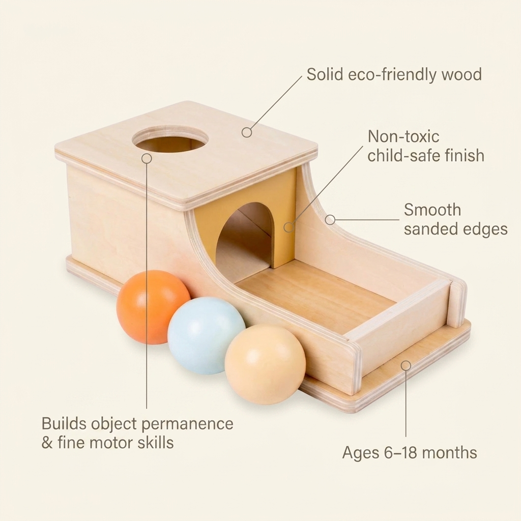 Rahayaa Montessori box features: solid eco-wood, non-toxic child-safe finish, smooth sanded edges, builds object permanence, ages 6-18 months
