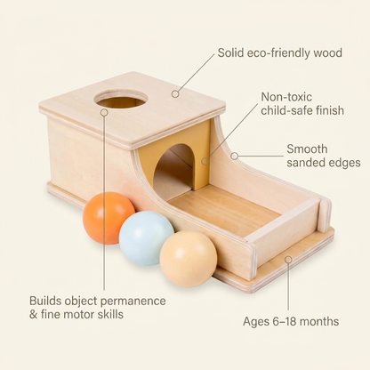 Rahayaa Montessori box features: solid eco-wood, non-toxic child-safe finish, smooth sanded edges, builds object permanence, ages 6-18 months