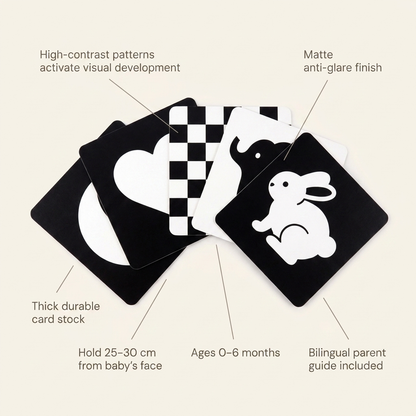 Rahayaa sensory cards features: high-contrast patterns activate visual development, matte anti-glare finish, ages 0-6 months, bilingual guide