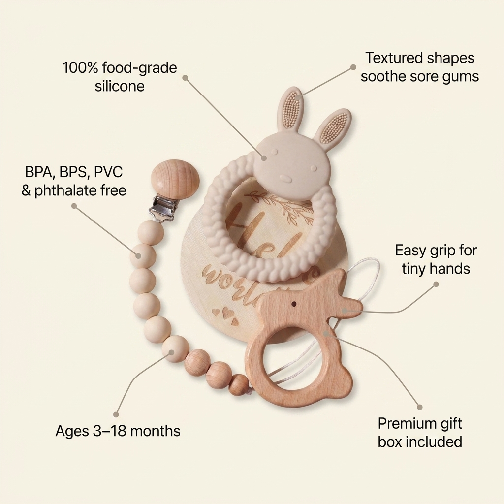 Rahayaa teether gift set features: 100% food-grade silicone, BPA-free, textured shapes soothe gums, ages 3-18 months, premium gift box
